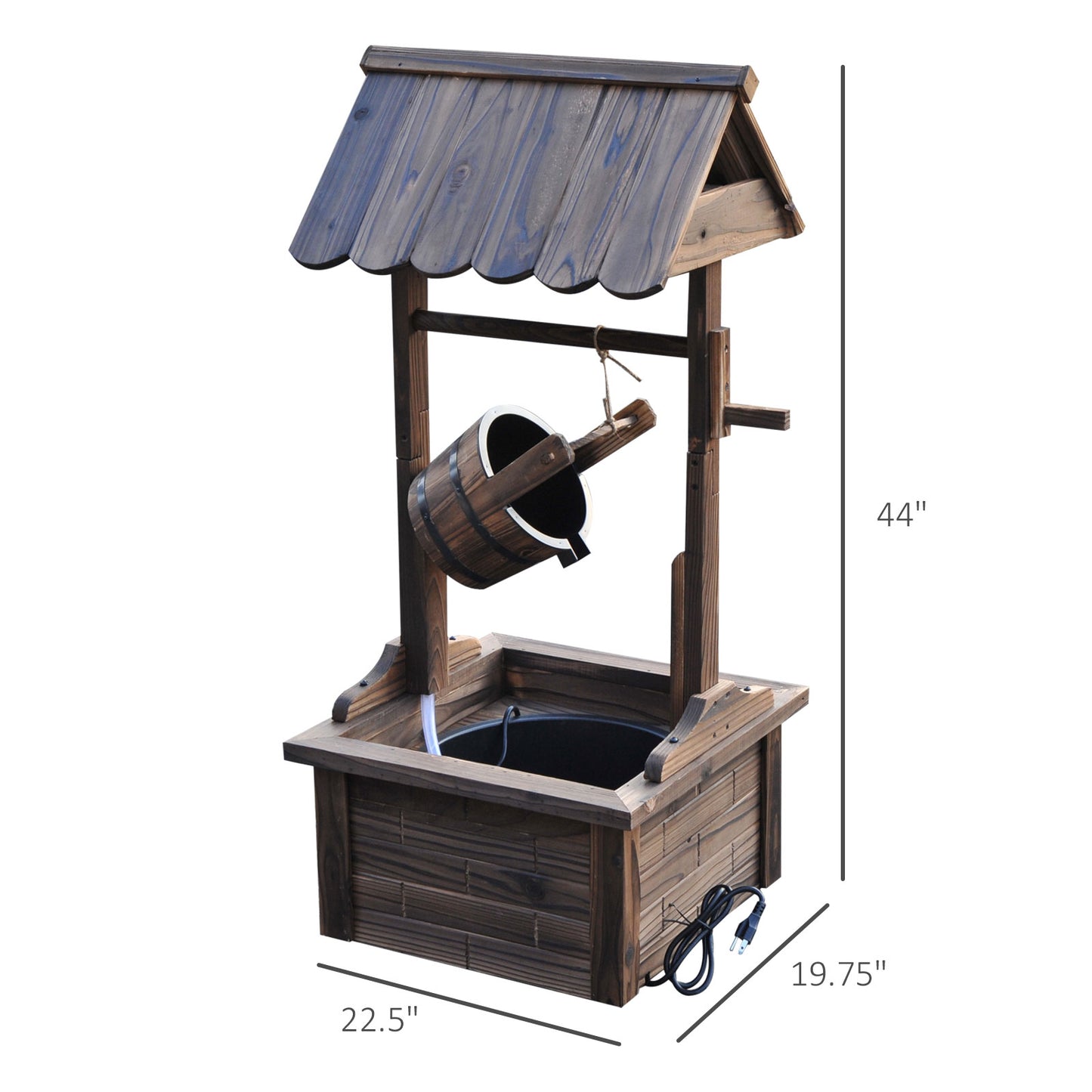 Outdoor Wooden Wishing Well Fountain with Adjustable Water Flow Rate, Outdoor Rustic Waterfall Fountain with Electric Pump, Water Bucket, for Backyard Patio Garden Lawn, Carbonized Finish