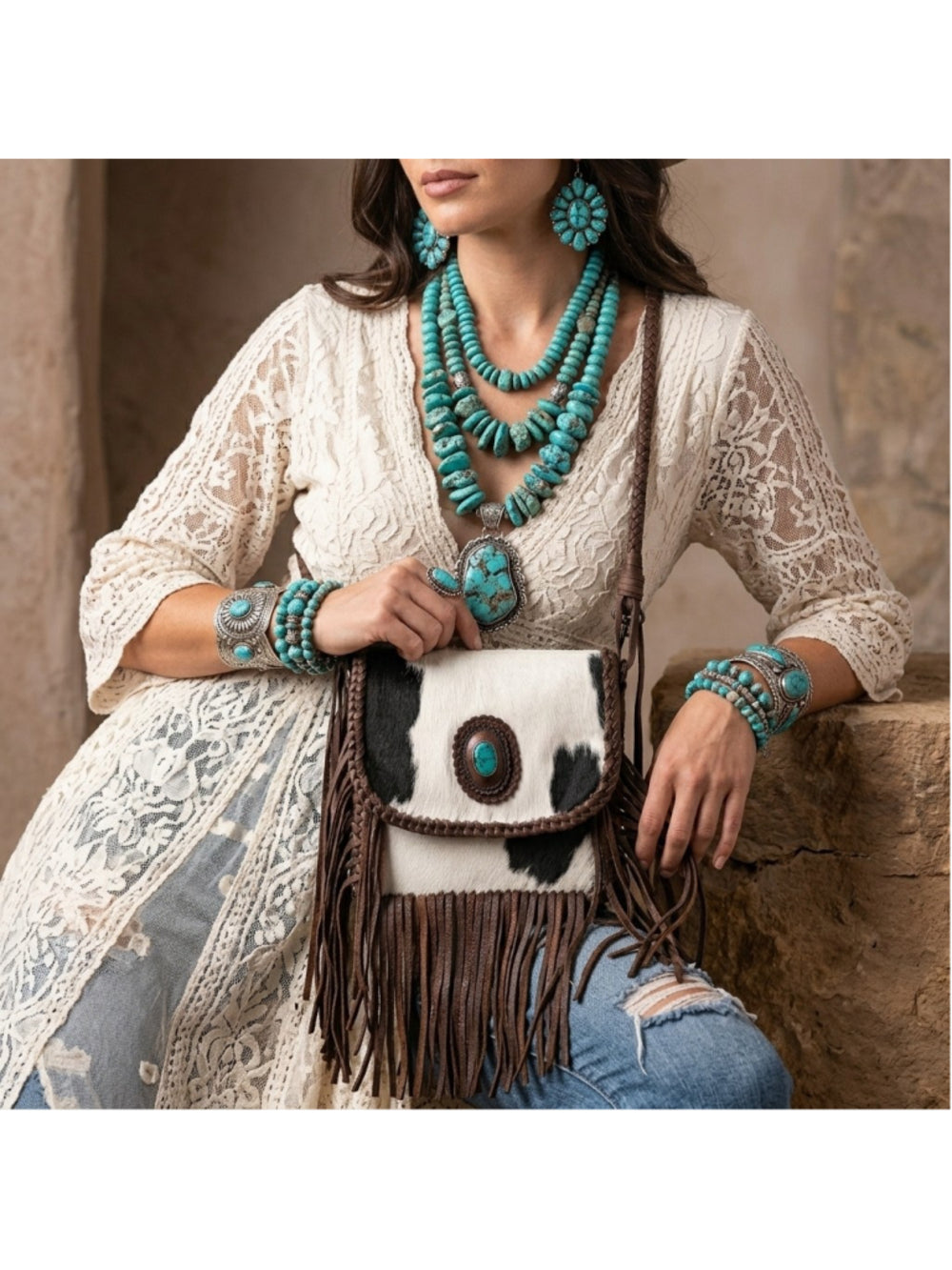 American Darling Desert Fringe Cowhide with Turquoise Concho Crossbody