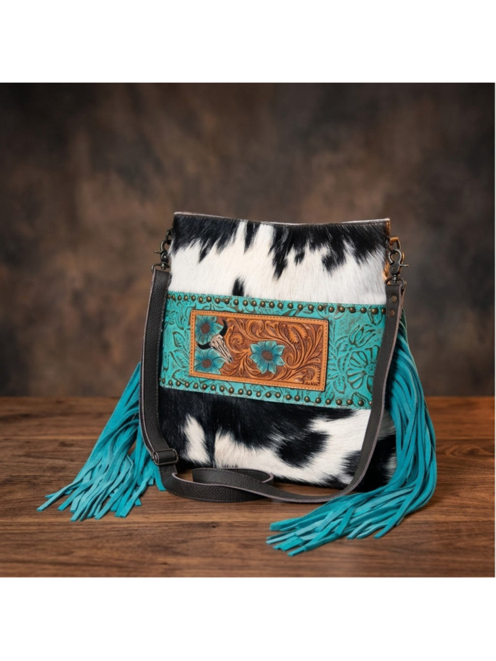 Olay by American Darling Turquoise Nights Fringe Crossbody- Black and white