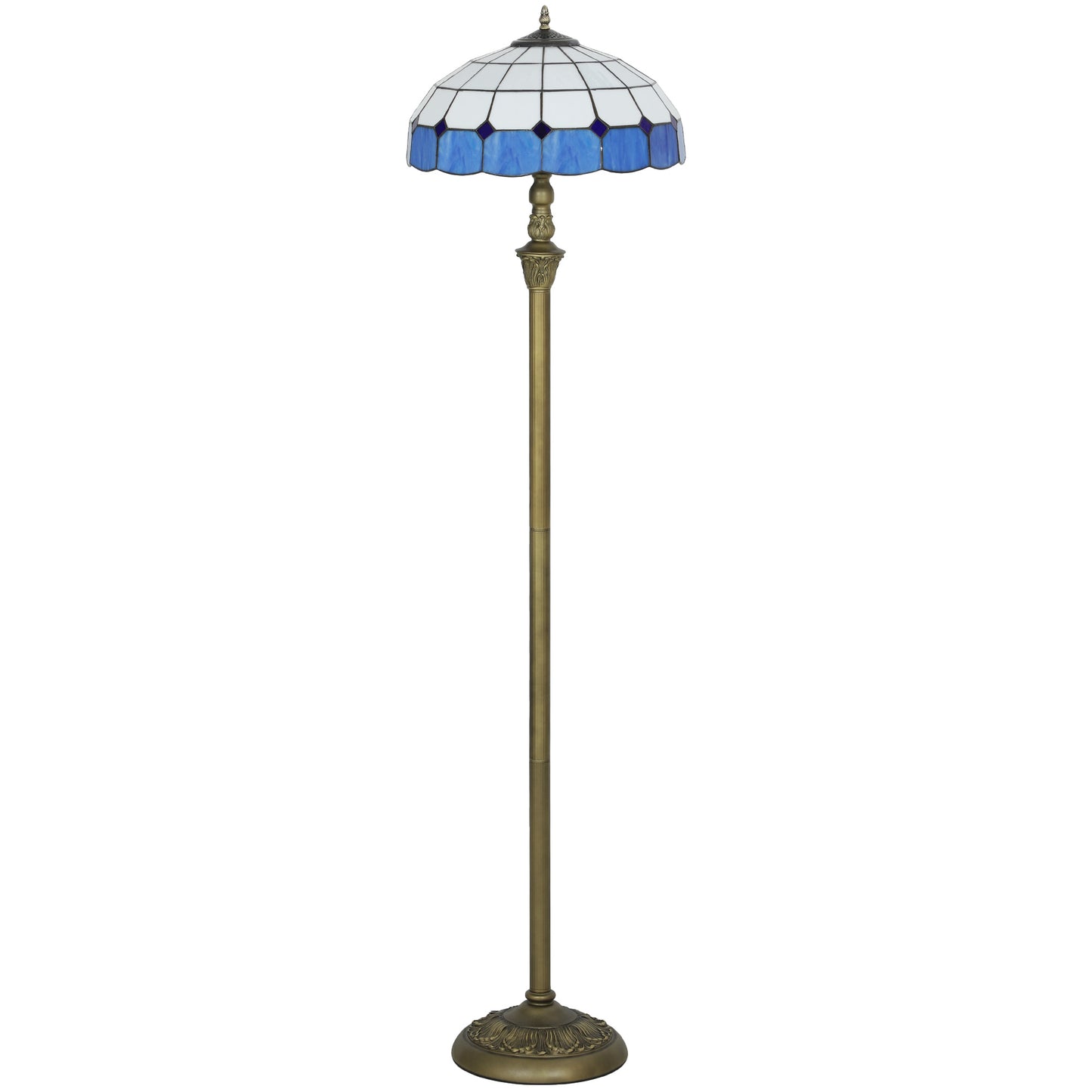 Tiffany-Style Floor Lamp With Handcrafted Stained Glass Shade, 152cm Tall Vintage Standing Lamp With Foot Switch And Dual Sockets For Living Room Bedroom, Bronze Tone And Blue