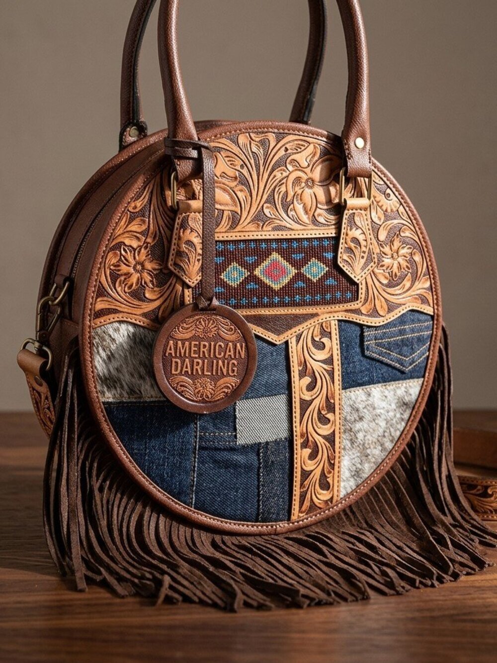 American Darling Patchwork Boho Fringe Tooled Crossbody Canteen Bag