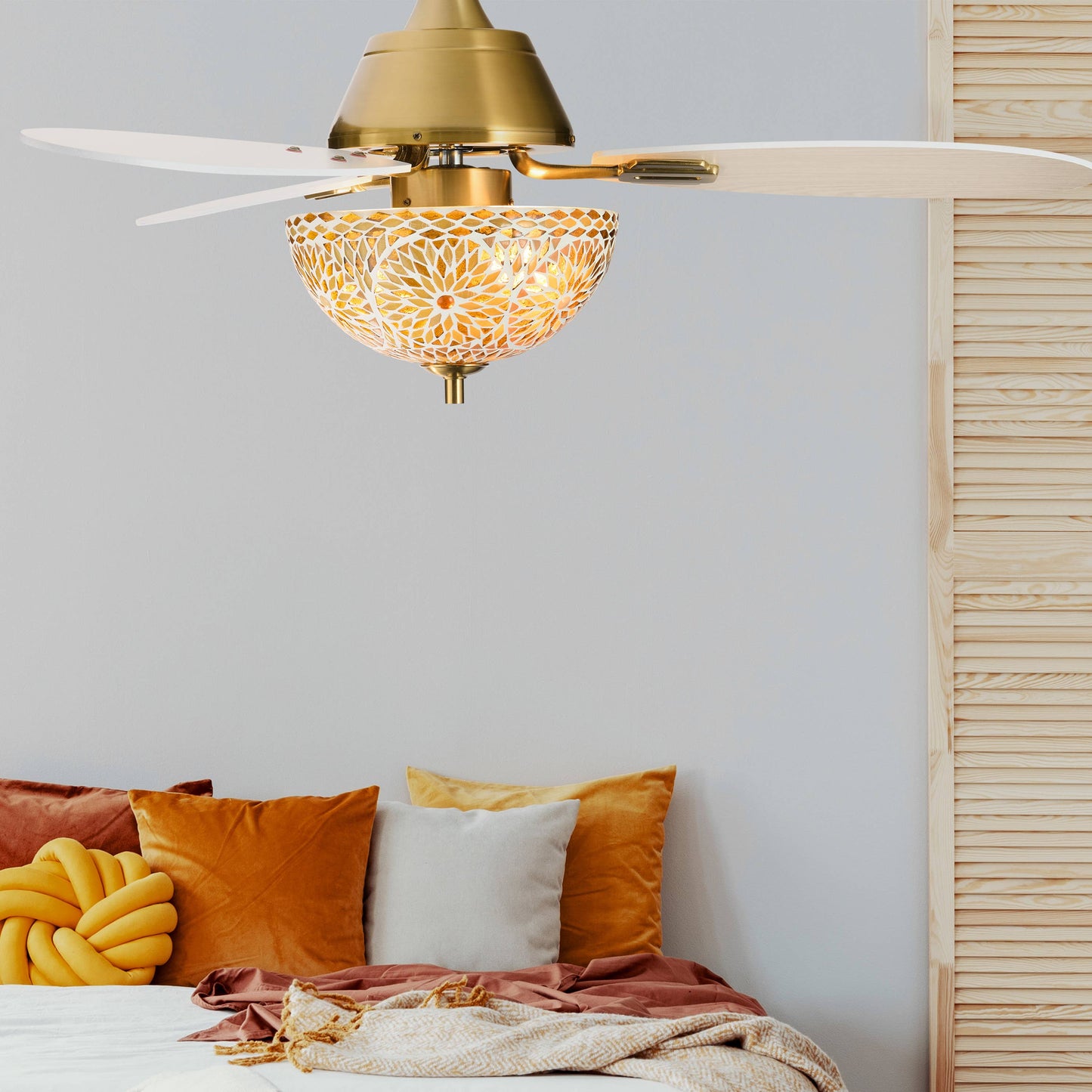 42"W LED Indoor Gold and White Mosaic Glass Ceiling Fan