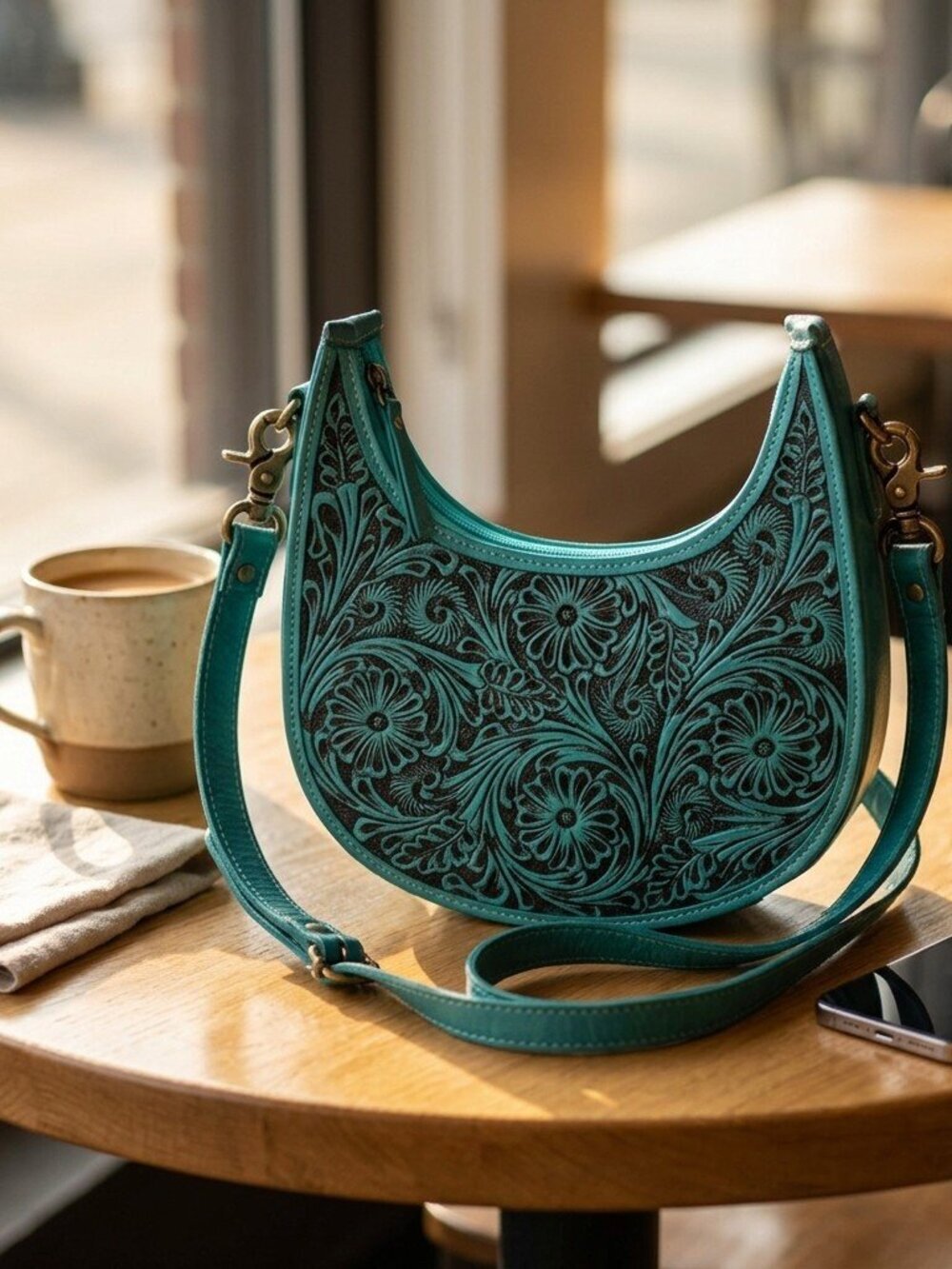 Turquoise Floral Tooled Crossbody Bag