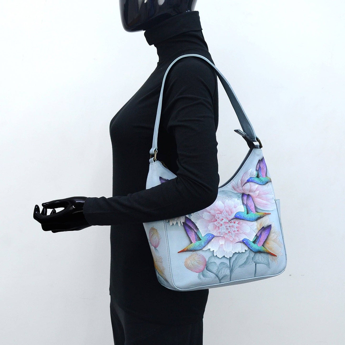 Anuschka Hand-Painted Leather Classic Hobo With Side Pockets - 382- Hummingbird