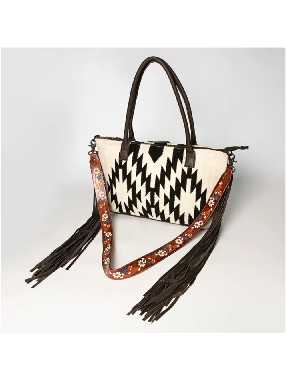 American Darling Boho wild Aztec Fringe Black and white 2 in 1 Satchel Crossbody