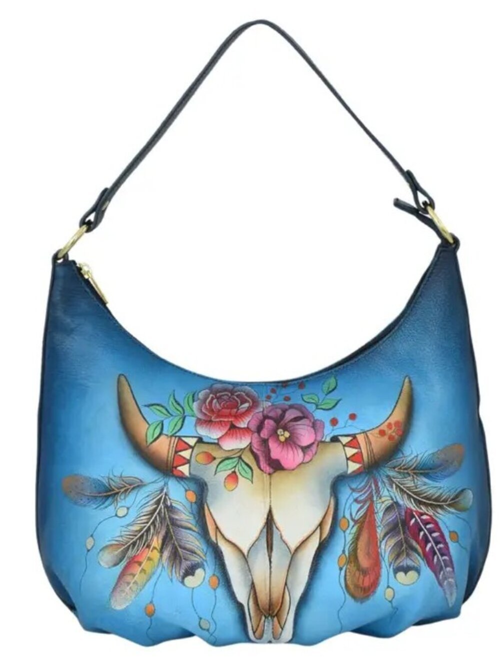 Anuschka Handpainted blue ombre Boho Spirit Skull Hobo Bag