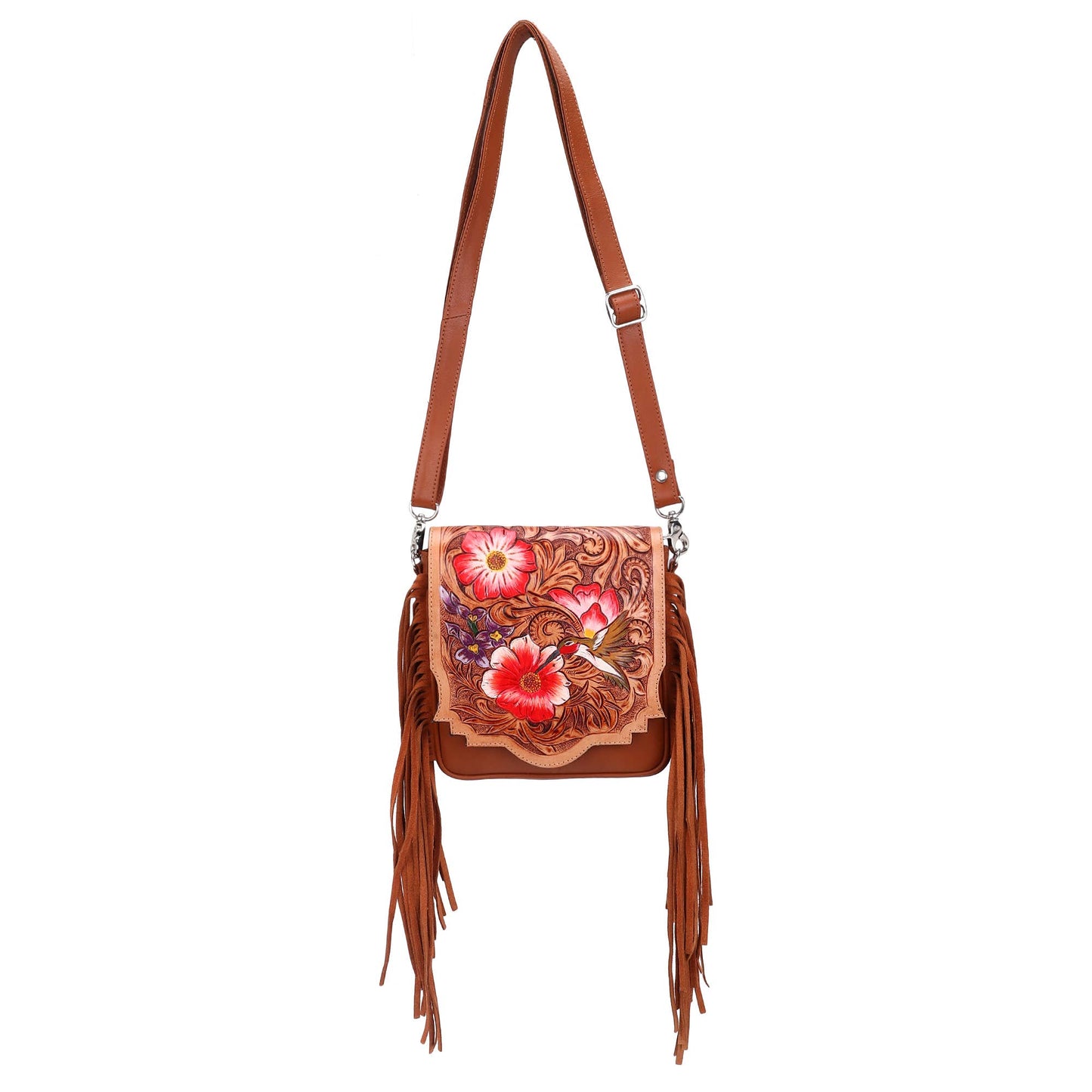 Hummingbird Blooms Leather Tooled Fringed crossbody