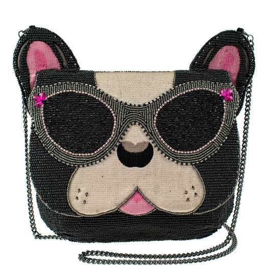 Mary Frances Throw Me a Bone Beaded Dog with Glasses Crossbody Handbag