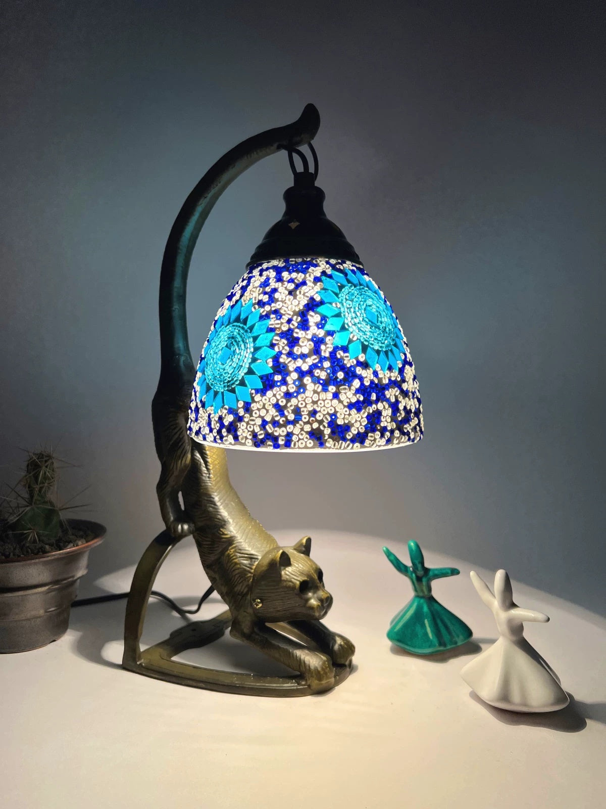 Handmade Glass Table Lamp In The Shape Of A Laid-Back Cat