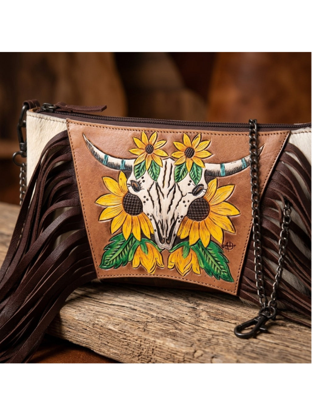 American Darling Longhorn Skull Sunflowers Fringe Crossbody