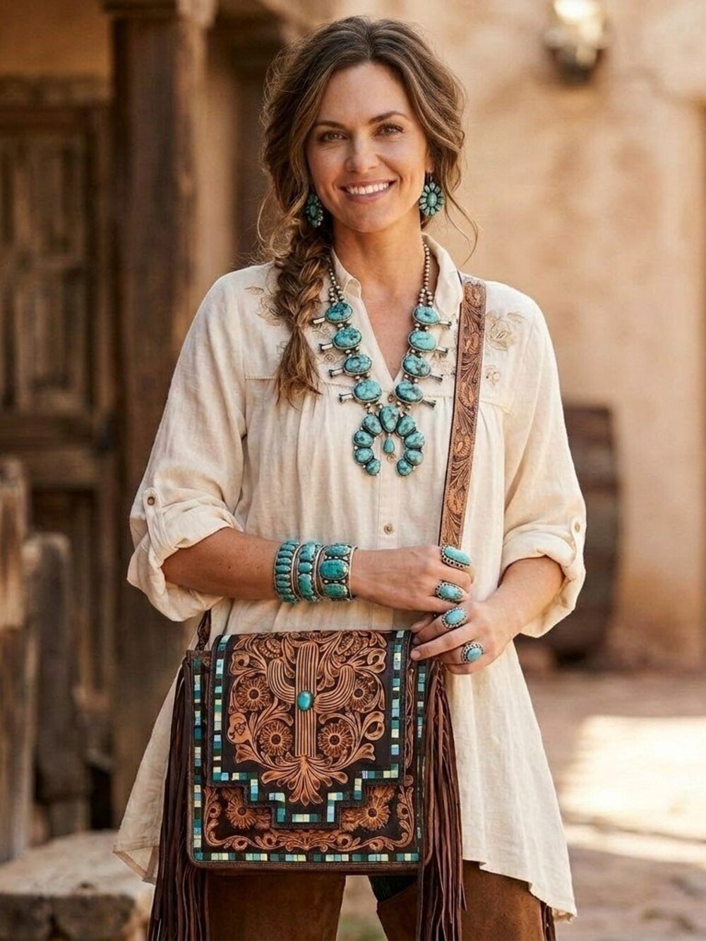 American Darling Turquoise Bloom Fringe Crossbody