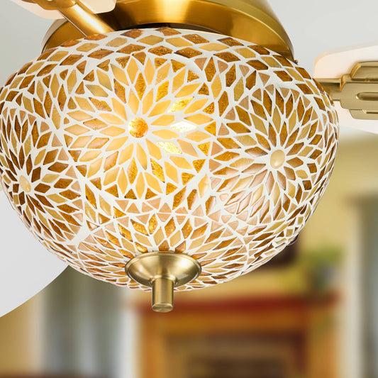 42"W LED Indoor Gold and White Mosaic Glass Ceiling Fan