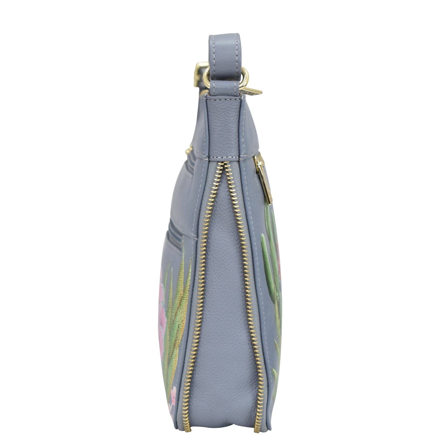Anuschka Hand-Painted Leather Expandable Travel Crossbody - 550- dusty blue with cactus flowers