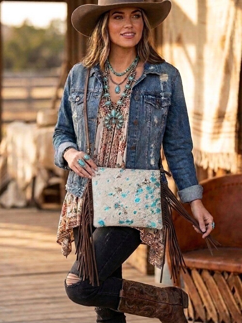 American Darling Turquoise Speckled Fringe Crossbody