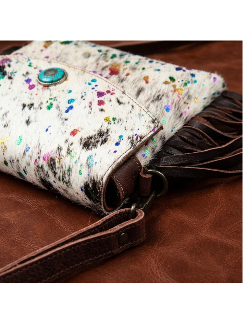 American Darling Wildflower Sparkle Fringe Crossbody Bag with turquoise center