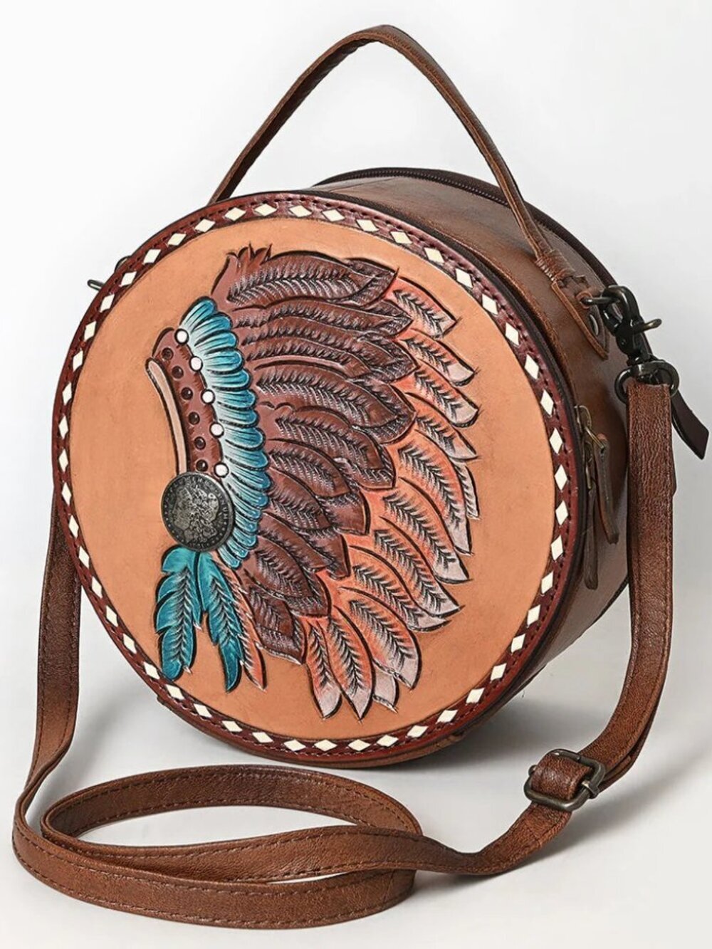 American Darling Boho Feather Head Dress Round Crossbody Canteen Bag