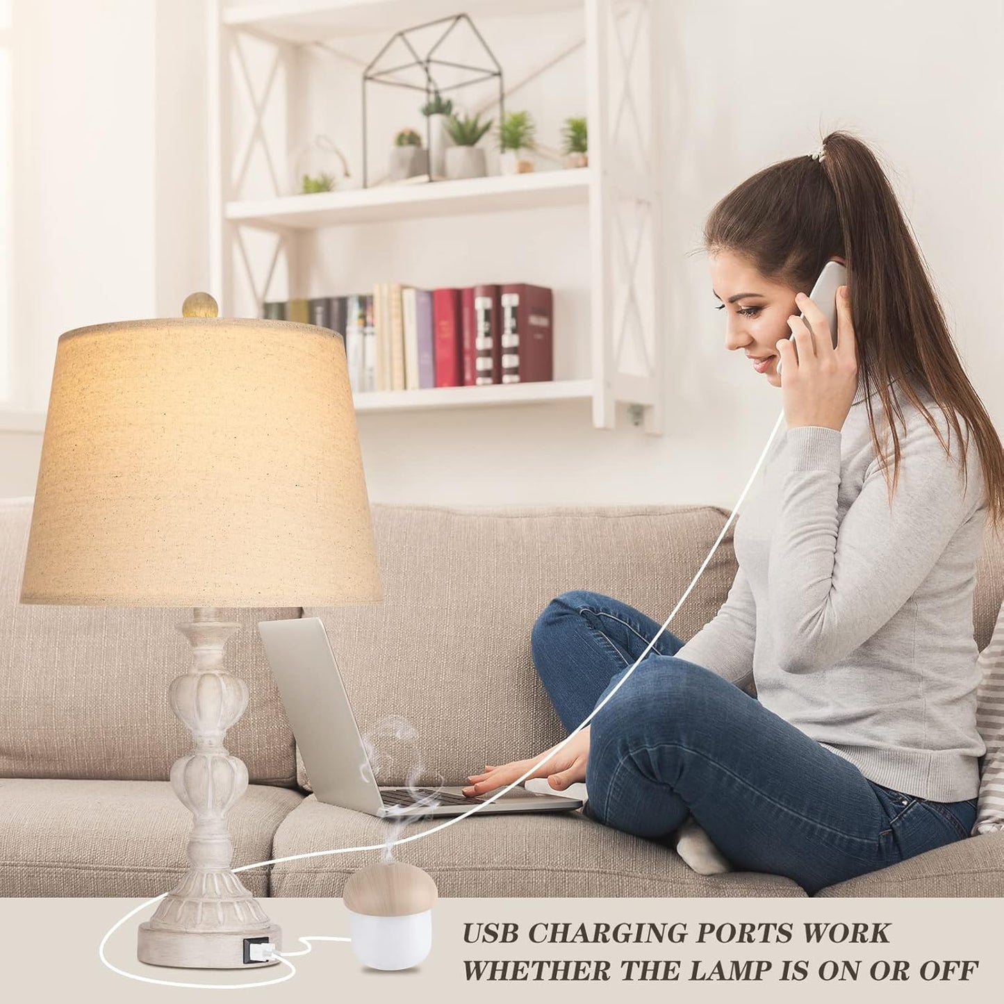 Touch Control Coastal Farmhouse Table Lamp Set Of 2, 3-Way Dimmable Bedside Lamp With 2 USB Charging Ports, French Country Style Nightstand Lamp For Living Room, Bedroom - Washed White