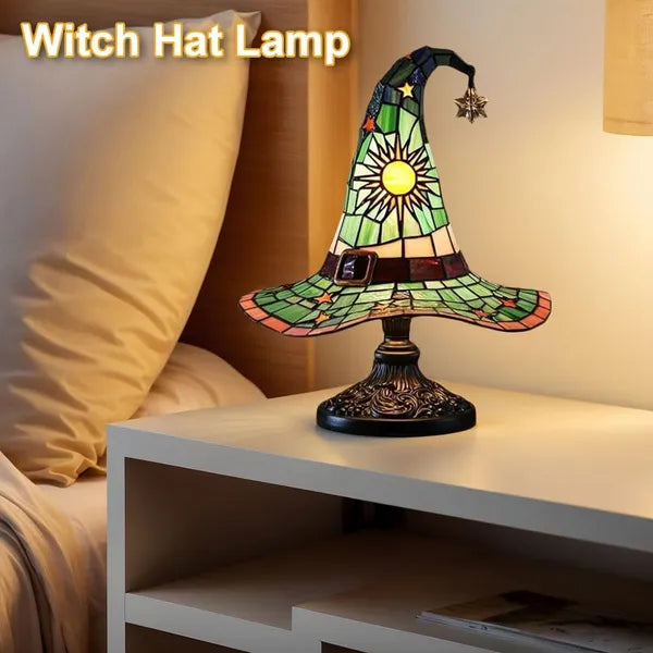 Witch Hat Lamps, Handcrafted Stained Glass Resin Wizard Hat Light Gothic Table Lamp For Halloween Decor, Spooky Night Light For Bedroom And Indoor Parties, Unique Wiccan Gift