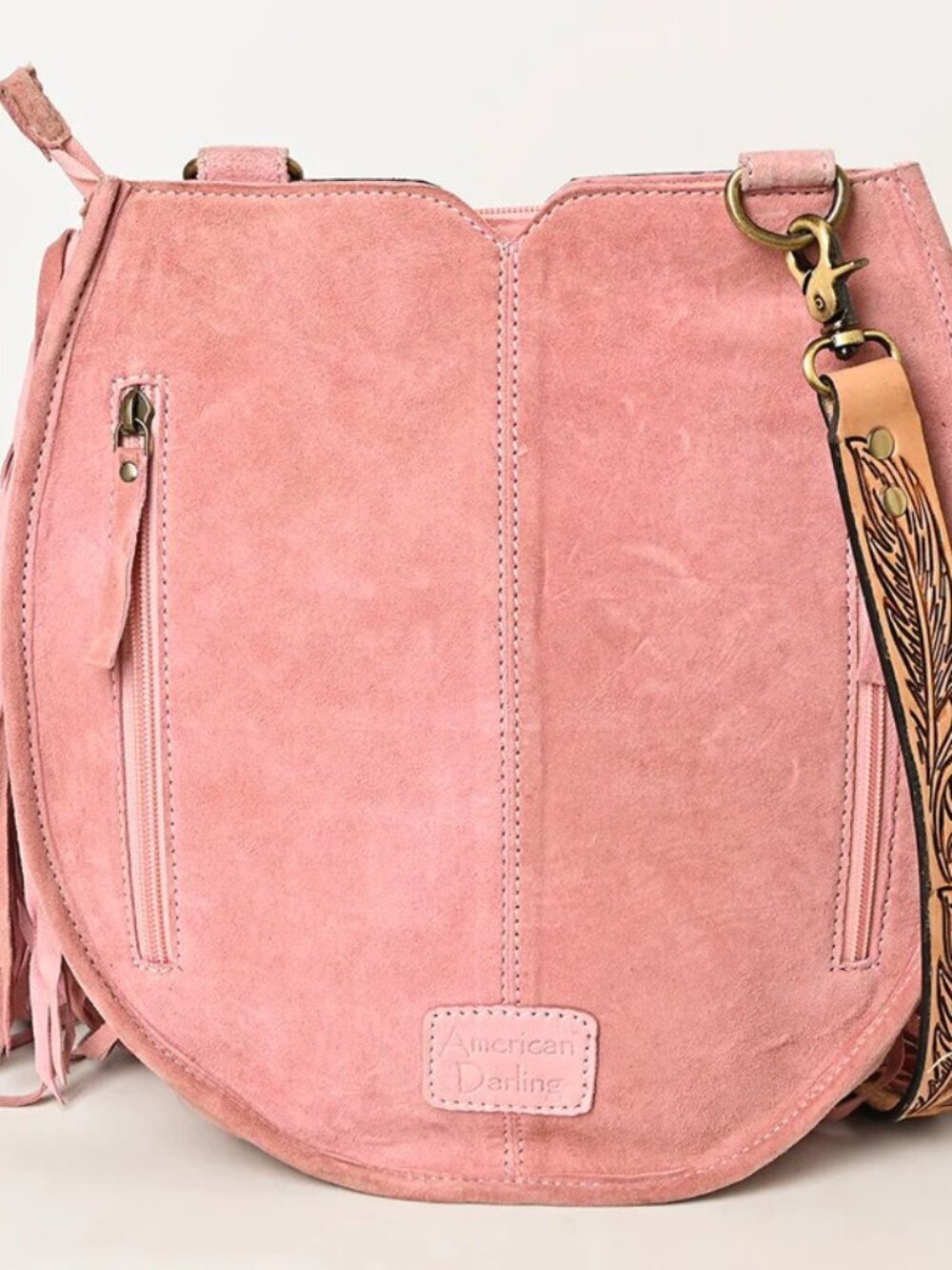 American Darling Boho Feather Tooled Pink Crossbody