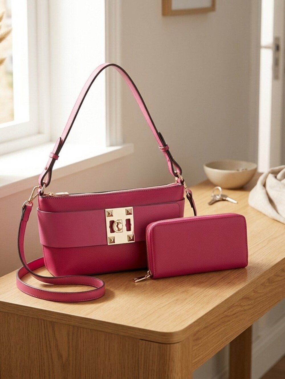 Pink Luxe Lock 2 in 1 Shoulder Bag Set