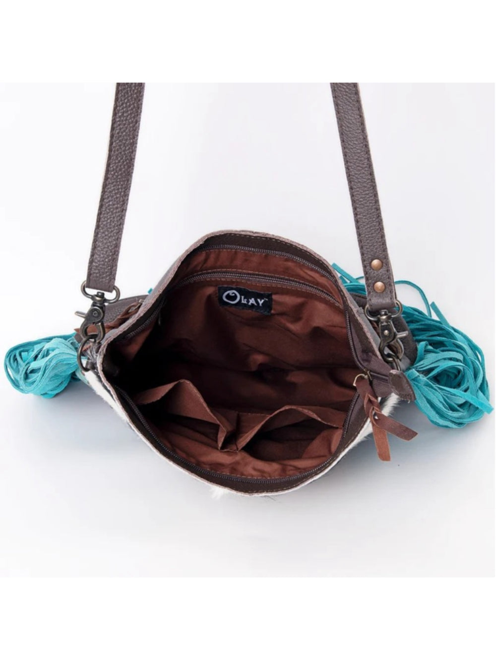 Olay by American Darling Turquoise Nights Fringe Crossbody- Black and white