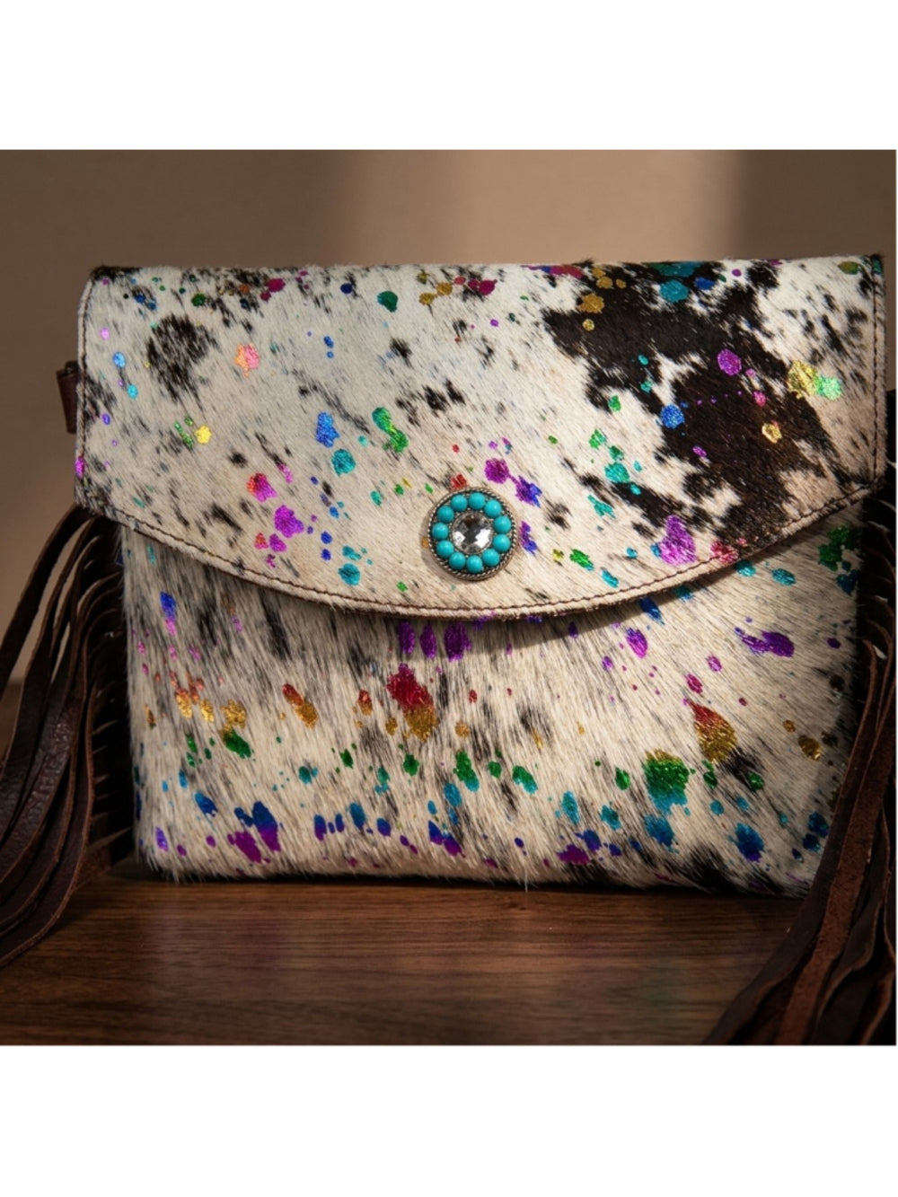 American Darling Wildflower Sparkle Fringe Crossbody Bag with turquoise center
