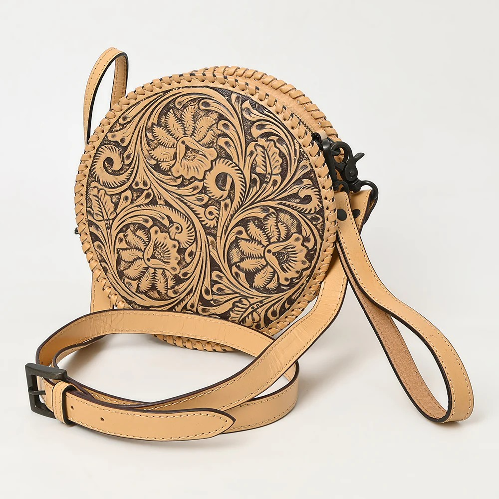 American Darling Round Hand-Tooled Leather Canteen Bag - Western Floral Circle Purse-Natural Beige