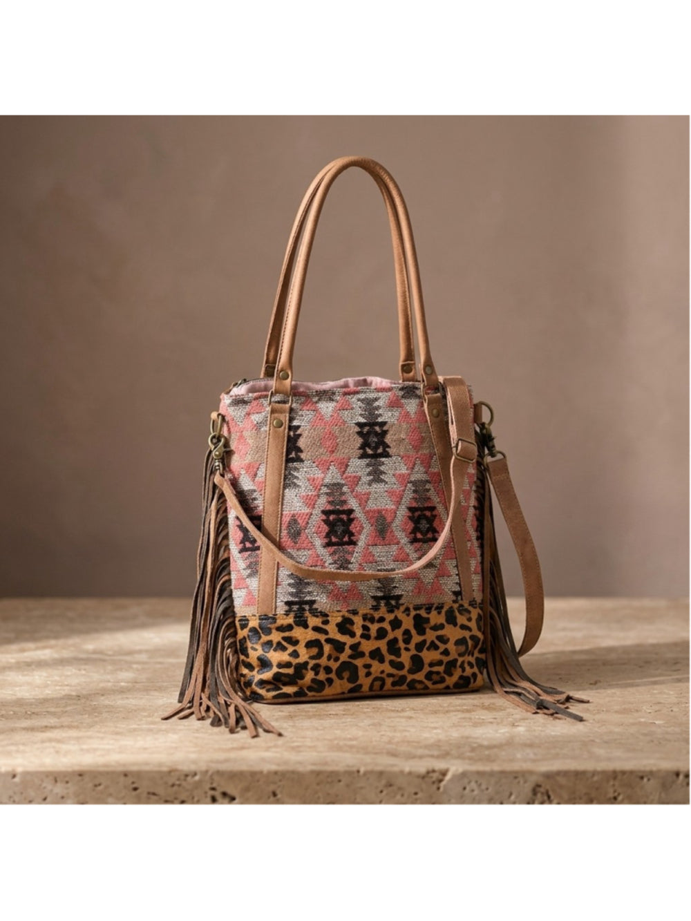 Ohlay by American Darling Boho Wild Leopard Fringe 2 in 1 Aztec Tote Bag
