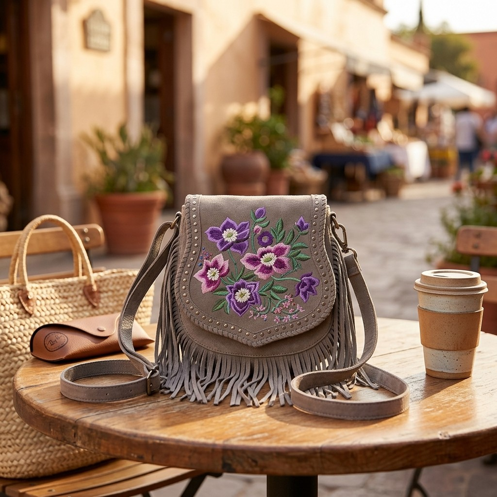 Mojave Meadow Leather Bag- Grey and Lavender