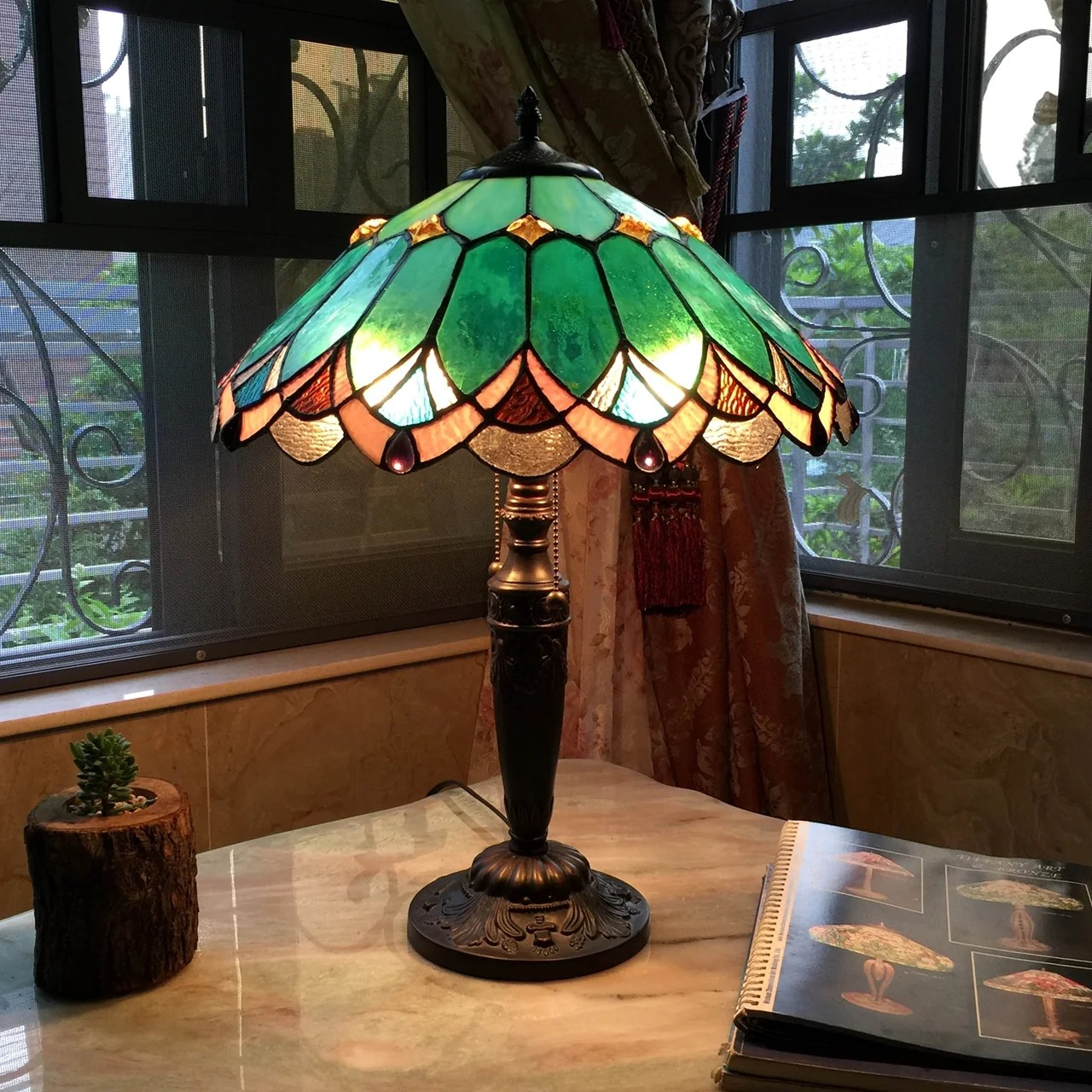 "DEMETER" Tiffany-style 2 Light Table Lamp 16" Green Shade