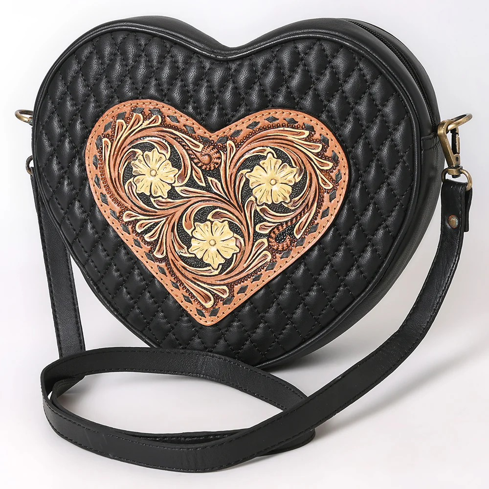 American Darling Heart-Shaped Quilted Leather Crossbody Bag - Tooled Floral Inlay with Western Stitch Design