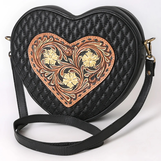 American Darling Heart-Shaped Quilted Leather Crossbody Bag - Tooled Floral Inlay with Western Stitch Design