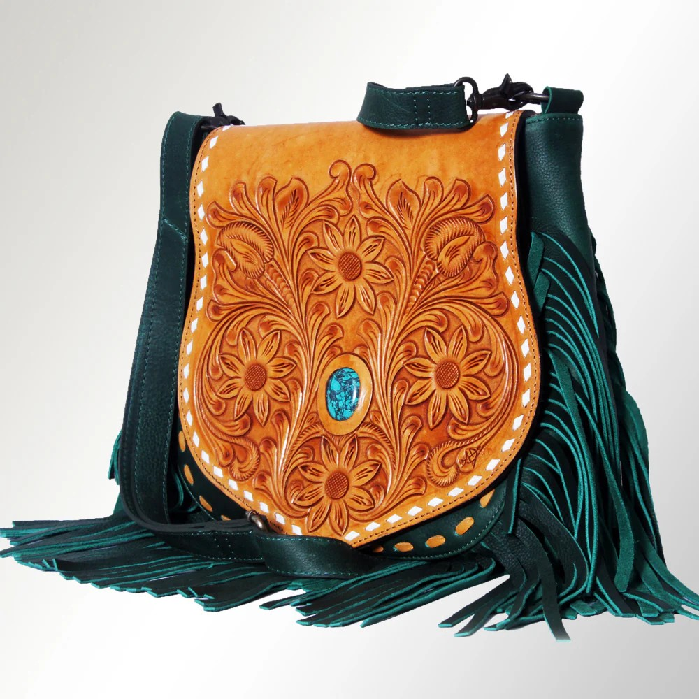 American Darling Tan & Green Tooled Leather Messenger Bag - Floral Design with Turquoise Accent and Fringe