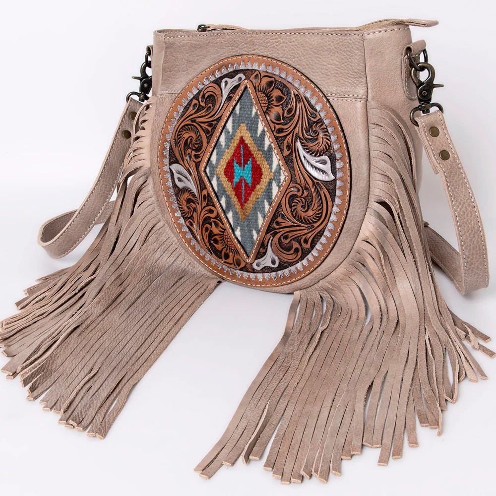 American Darling Hand-Tooled Leather Messenger Bag Fringe Western Boho Crossbody
