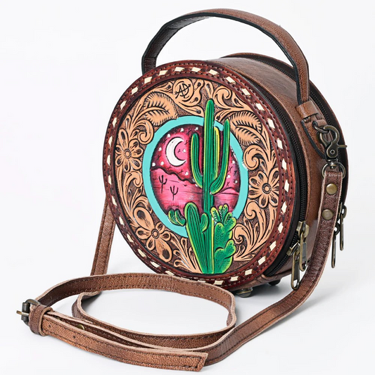 American Darling Western Tooled Leather Crossbody Canteen Bag Floral Carved Inlay-cactus moon