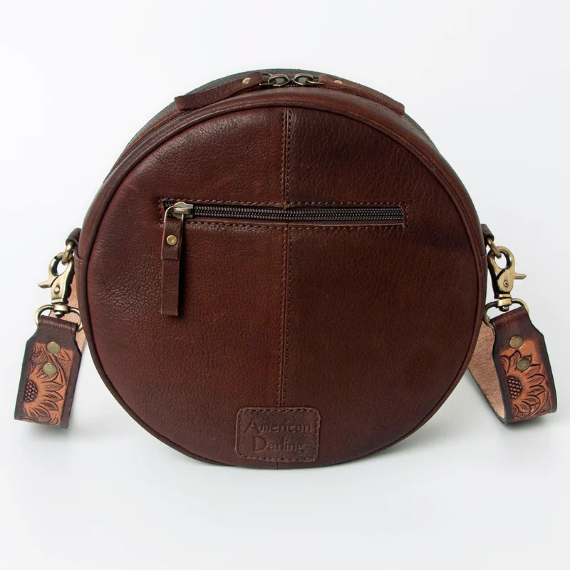 American Darling Canteen Bag Hand Tooled Floral Leather Round Crossbody