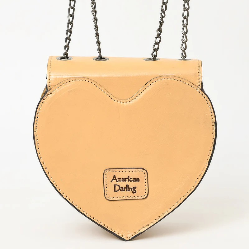 American Darlng Heart-Shaped Hand-Tooled Leather Crossbody Canteen Bag with Chain Strap-pale yellow
