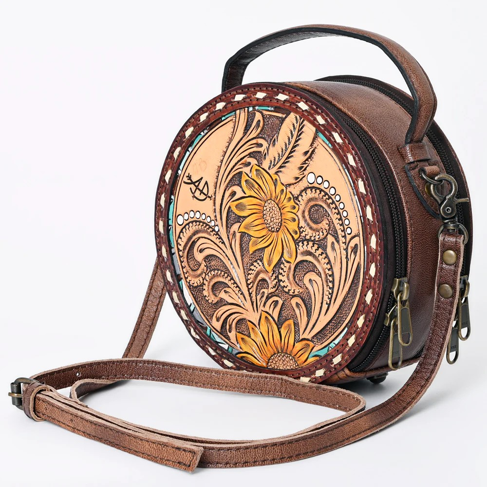 American Darling Western Tooled Leather Crossbody Canteen Bag Floral Carved Sunflower Inlay