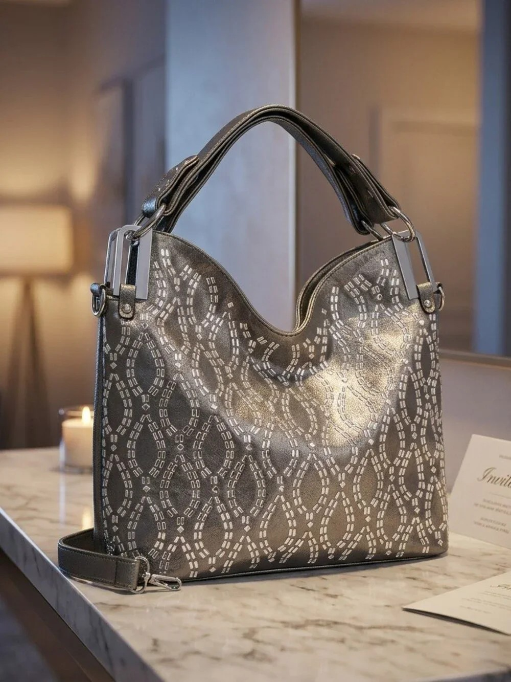 Pewter Mosaic Luxe Shoulder Bag with rhinestone details