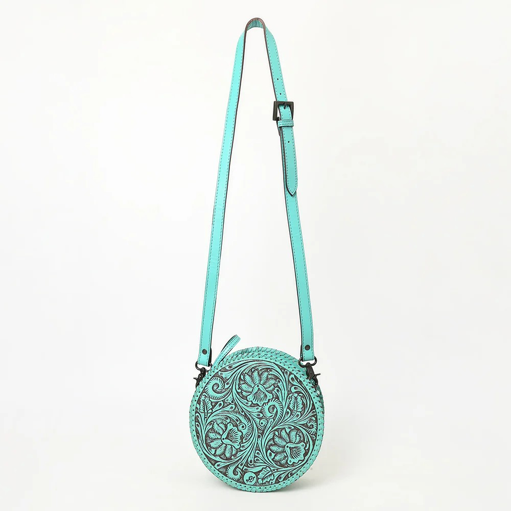 American Darling Round Hand-Tooled Leather Canteen Bag - Western Floral Circle Purse-Turquoise