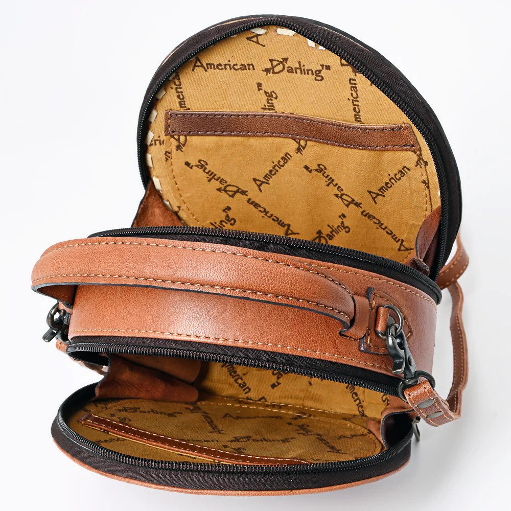 American Darling Western Tooled Leather Crossbody Canteen Bag Floral Carved Pink Cactus Flower and Butterfly Inlay