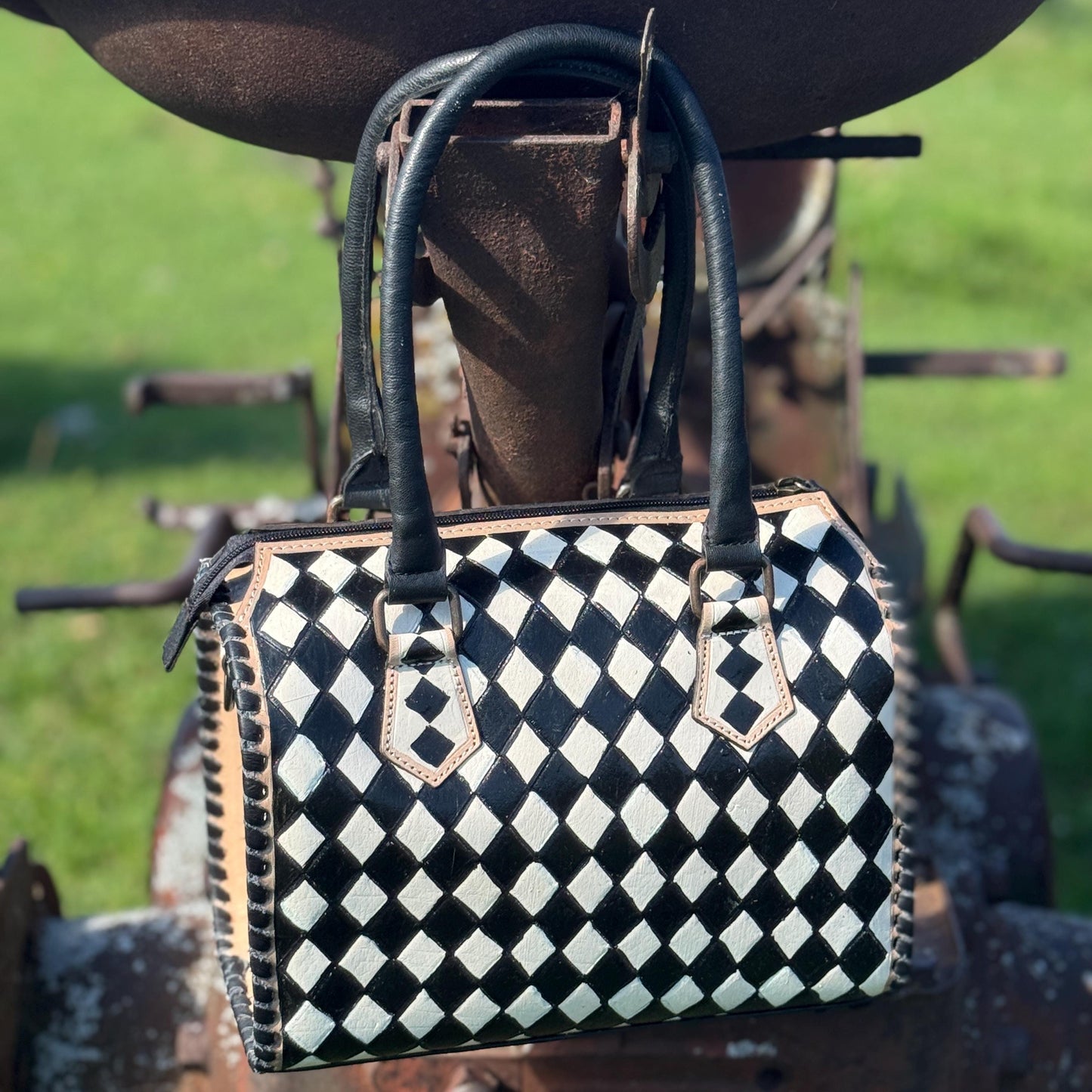 Black and White Speedy Checkered Genuine Western Cowhide Leather Purse