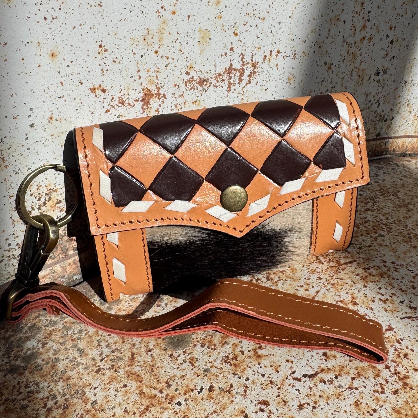 Caramel Espresso Checkered Speedy Western Genuine Leather Purse with optional wallet
