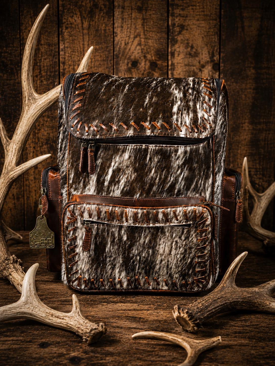 Open Range Genuine Cowhide Leather Backpack - Brindle or Spotted by Double B
