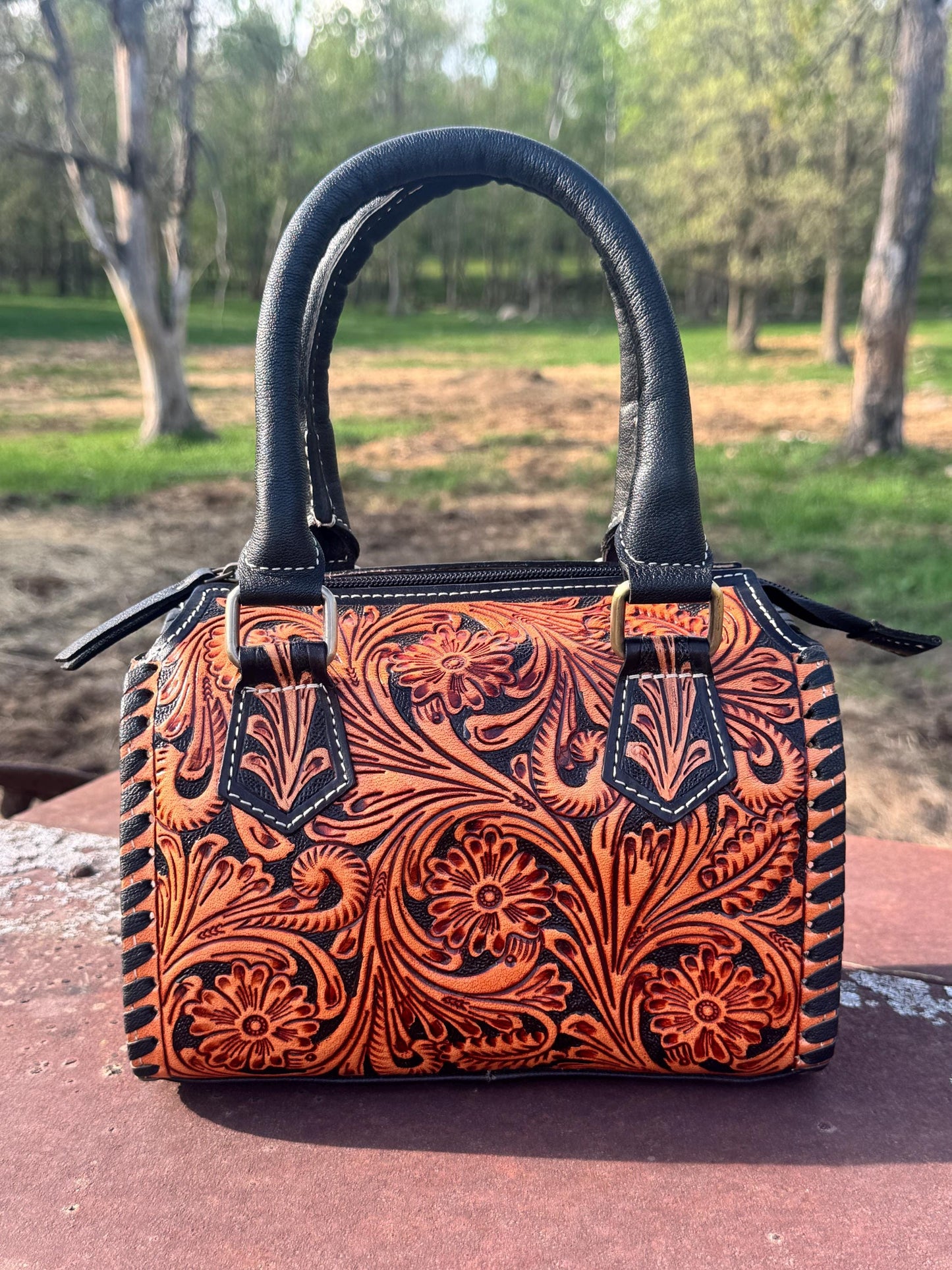 Western Nights Black Speedy Genuine Leather Barrel Bag Purse