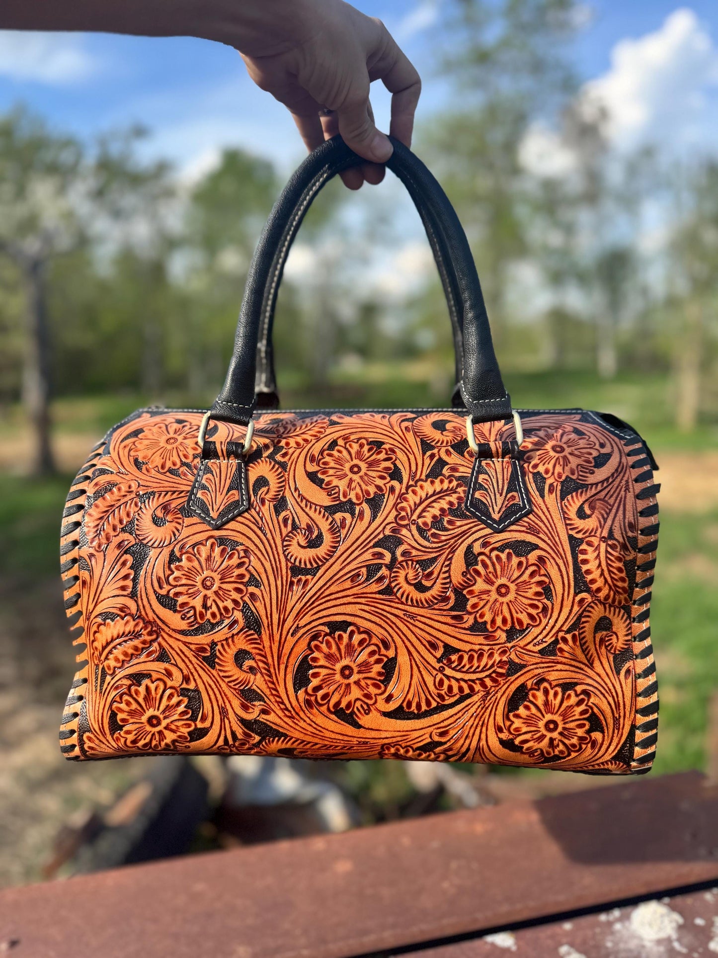 Western Nights Black Speedy Genuine Leather Barrel Bag Purse
