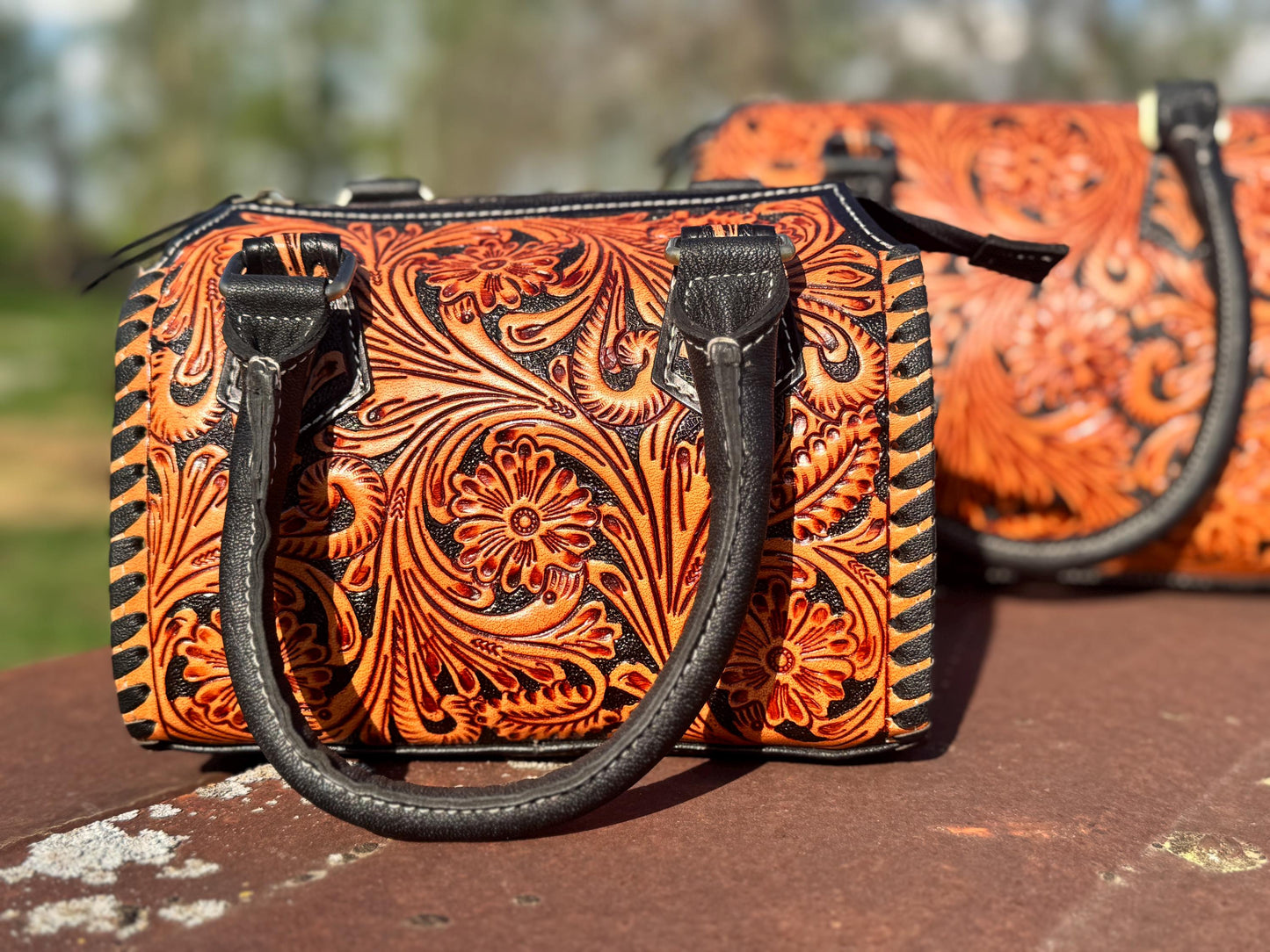 Western Nights Black Speedy Genuine Leather Barrel Bag Purse