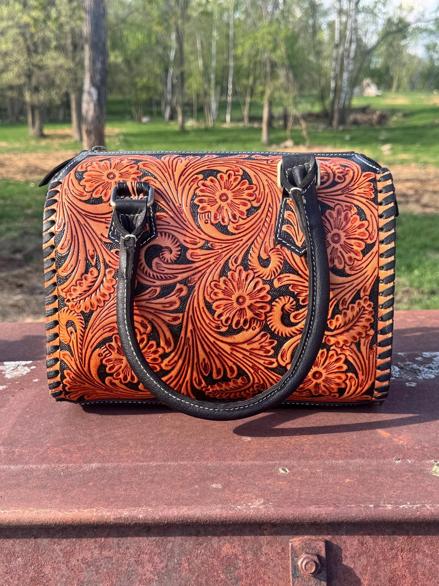 Western Nights Black Speedy Genuine Leather Barrel Bag Purse