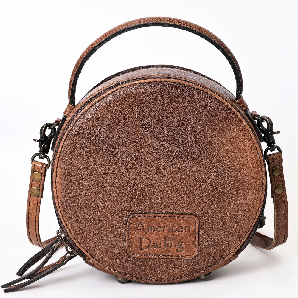 American Darling Western Tooled Leather Crossbody Canteen Bag Floral Carved Turquoise Inlay