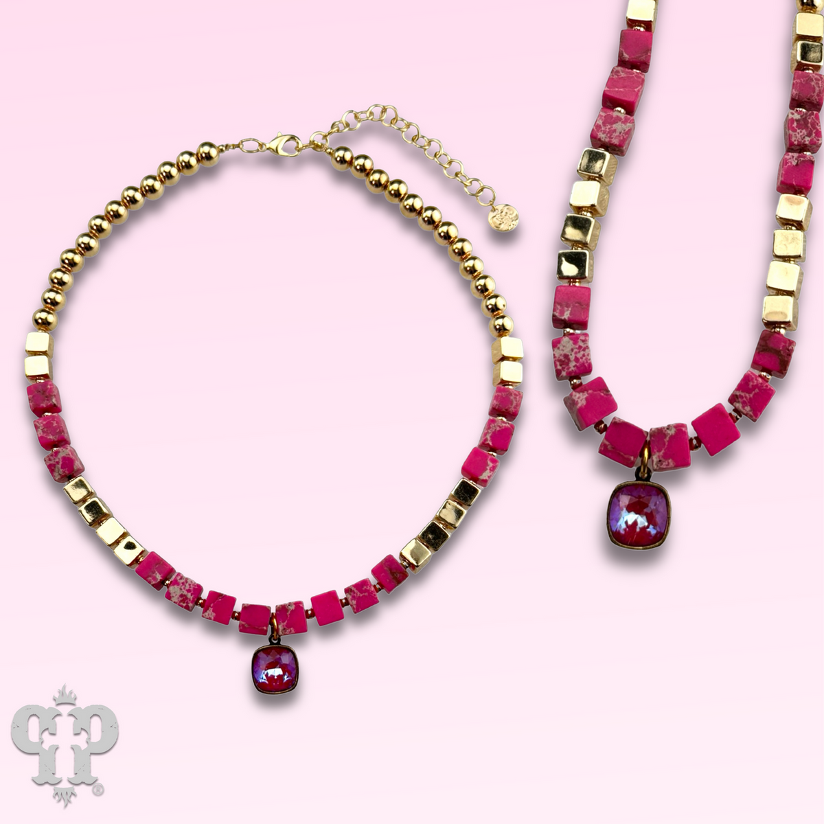 Fuchsia square bead necklace, Austrian crystal - LC